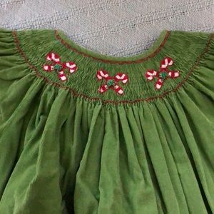 Green corduroy Christmas dress candy canes
